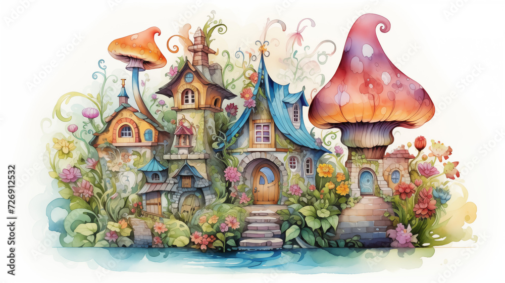 Watercolor illustrations of villages in various stories are used for decoration.