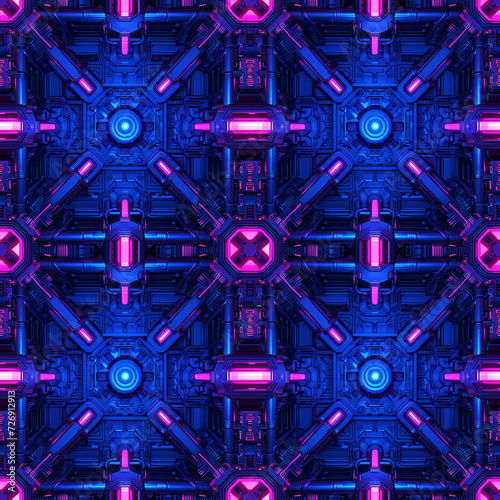 Sci-Fi Neon Pink and Blue Abstract Structure. Seamless Repeatable Background
