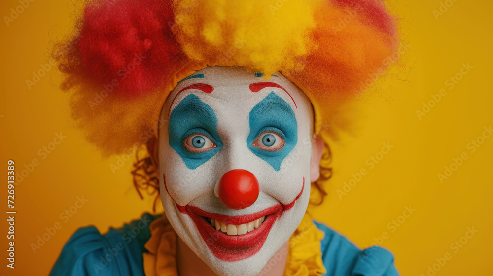 Close-up of a cheerful clown with vibrant face paint and wig against a yellow background.