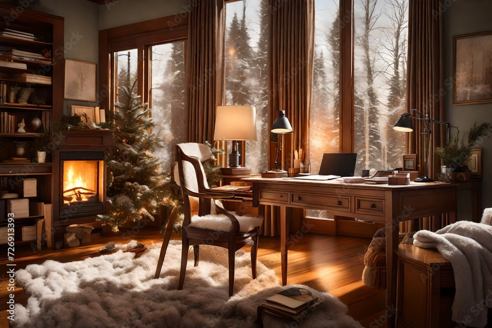 A warmly lit home office bathed in soft winter light, adorned with plush blankets, a flickering fireplace, and a desk with a view of snow-covered trees