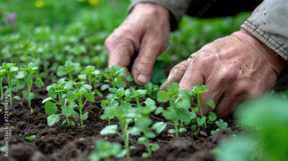 Senior Hands Nurturing Young Seedlings in Fertile Soil. Senior Hands Nurturing Young Seedlings in Fertile Soil.