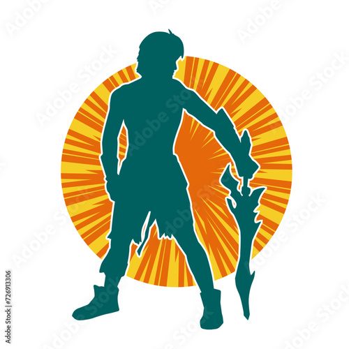 Silhouette of a male warrior in action pose with sword weapon. Silhouette of a man fighter carrying sword weapon.