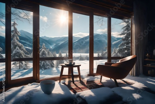 A cozy reading nook by a large window  featuring a comfortable armchair  a side table with a steaming cup of cocoa  and a blanket overlooking a serene snowy landscape
