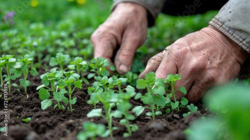 Senior Hands Nurturing Young Seedlings in Fertile Soil.