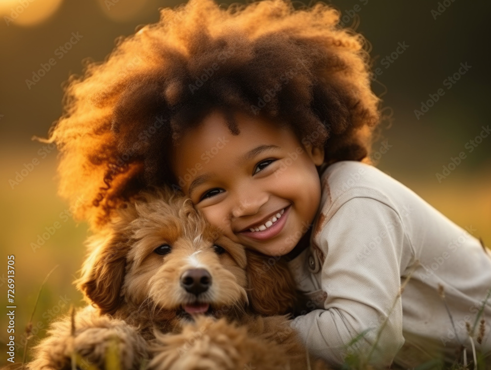 Delighted young girl with afro hair cuddling her fluffy dog. Delighted young girl with afro hair cuddling her fluffy dog.