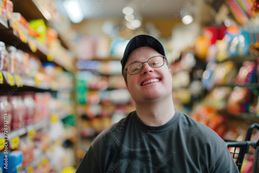 Smiling young worker with Down syndrome wearing glasses and a baseball cap in a grocery store.