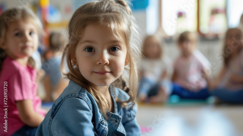 Portrait of a young girl with attentive eyes in a classroom.
