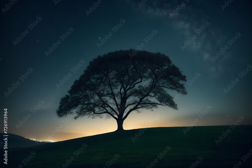 A silhouette of a tree on a hill at night