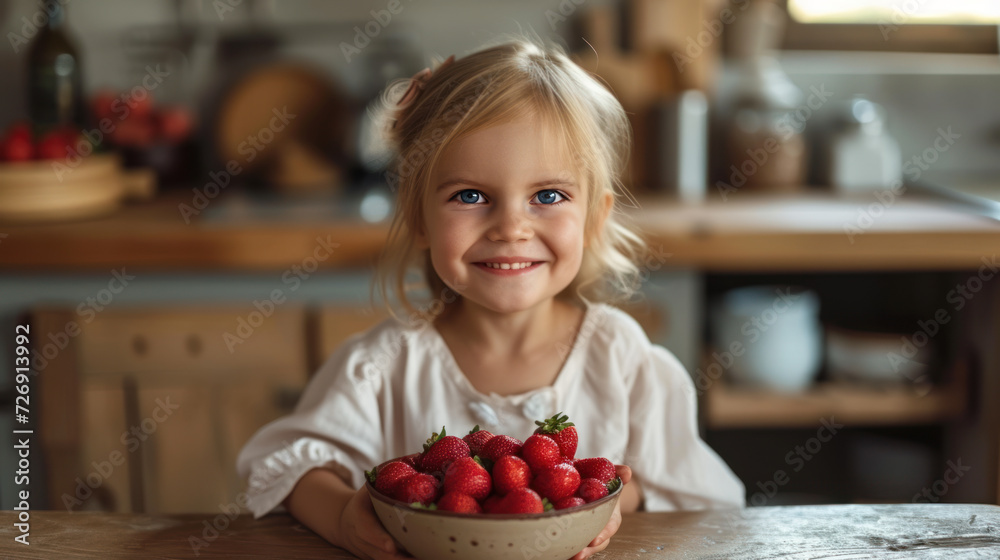 Young girl smiling with a bowl of fresh strawberries.