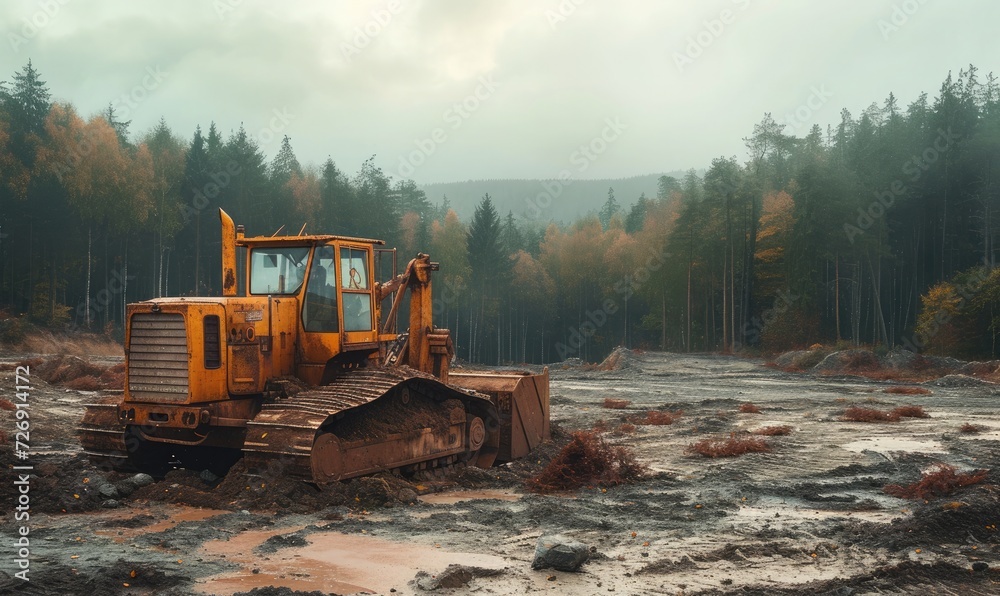 bulldozers clear forest land - obrazy, fototapety, plakaty 