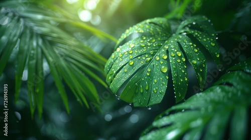 Super slow motion of water drop dripping from green palm leaves,