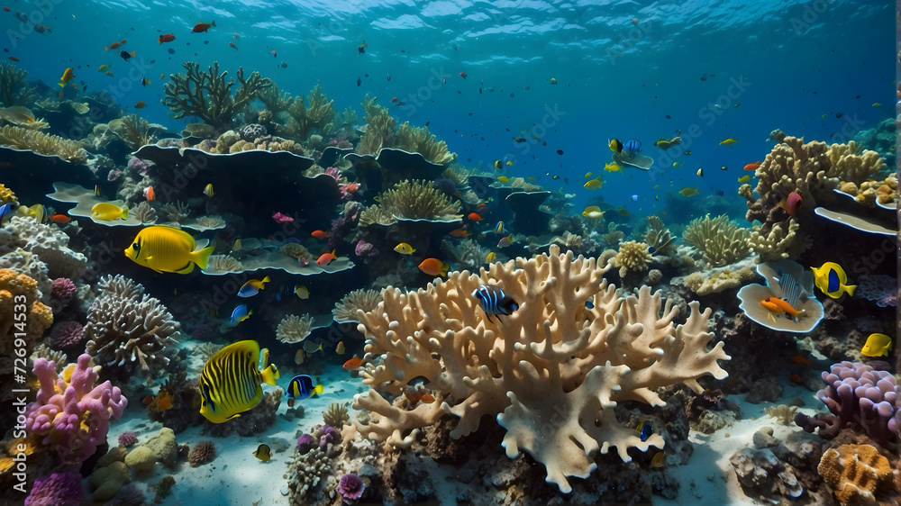 Fototapeta premium The symphony of coral reefs and colorful fishes