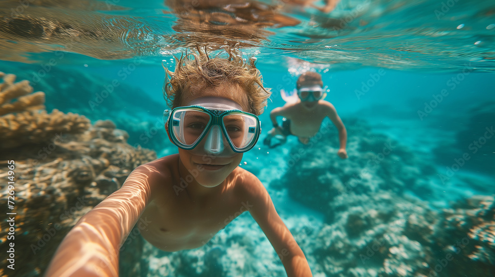 Kids snorkeling in shallow waters of Hawaii.
