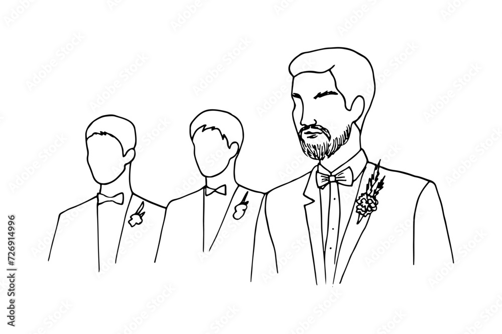 hand drawn illustration of a portrait of a bearded groom looking on as he awaits his bride's entrance, with his friends in suits standing behind him. groom at the altar - doodle style drawing hand drawn illustration of a portrait of a bearded groom looking on as he awaits his bride's entrance, with his friends in suits standing behind him. groom at the altar - doodle style drawing