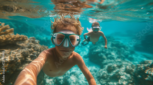 Kids snorkeling in shallow waters of Hawaii.
