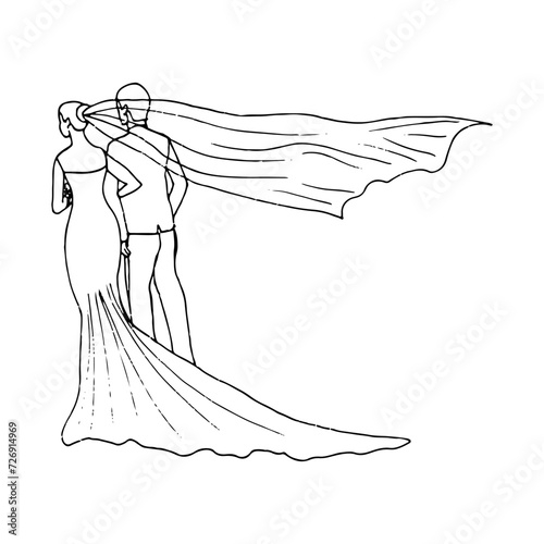 hand drawn illustration of a bride and groom walking off into the distance with a long veil fluttering in the wind. newlyweds from the back - drawing in doodle style
