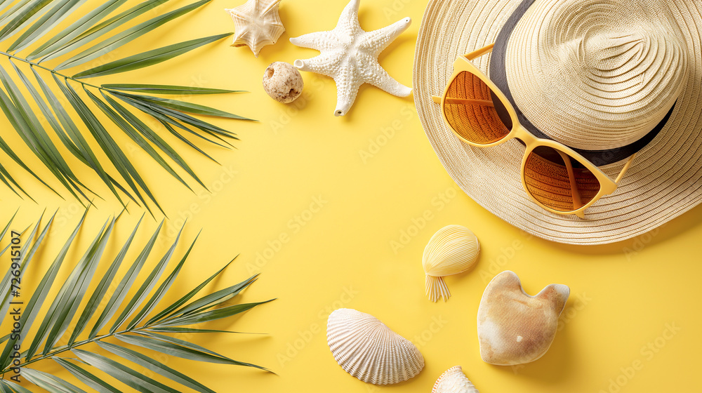 Summer flat lay with straw hat, sunglasses and beach accessories on yellow background with palm leaf, sun and sunlight. Vacation, holiday, minimal travel fashion concept, copy space