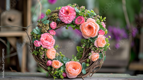 Pink spring time floral wreath on wooden table.