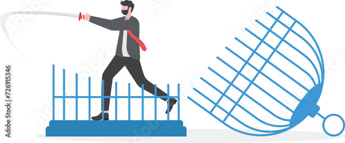 Businessman cut the cage with a sword. Escape from routine comfort zone, businessman becomes free

