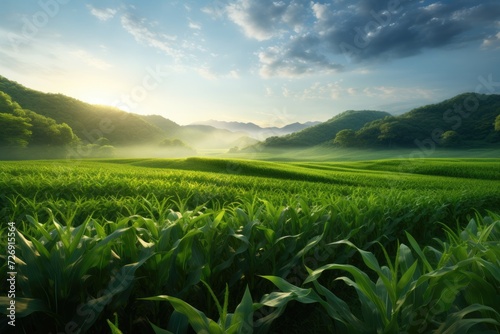 green corn field in the morning