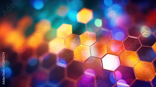 Colorful hexagon and circle bokeh with glitter, neon lights, and depth of field.