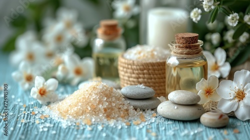 beauty treatment items for spa procedures on white wooden table. massage stones  essential oils and sea salt. 