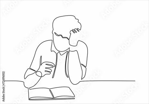 continuous line drawing of man studying reading book
