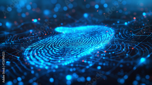 Macro closeup of blue fingerprint. Biometric security and individual identity concept.