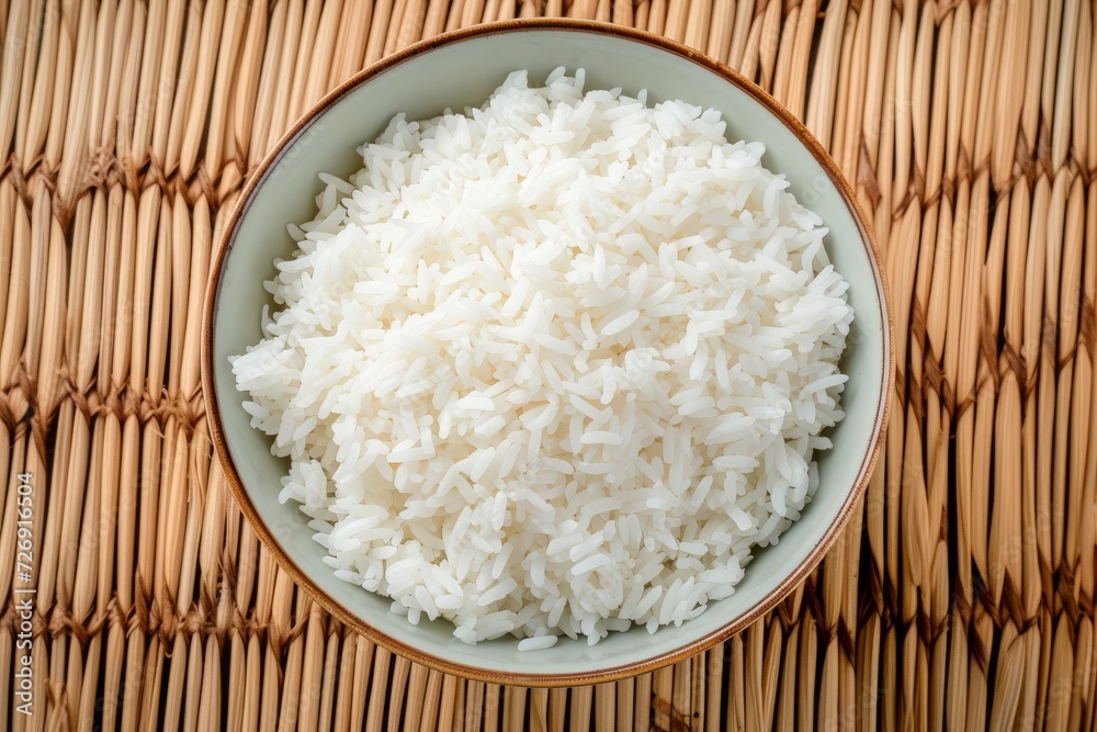 Top view of cooked white rice in a bowl on straw mat Top view of cooked white rice in a bowl on straw mat