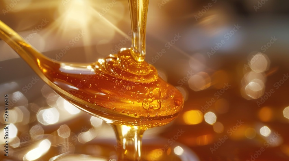 Thick honey dripping from a spoon, close-up, high detail. Hyper-realistic photo. - obrazy, fototapety, plakaty 