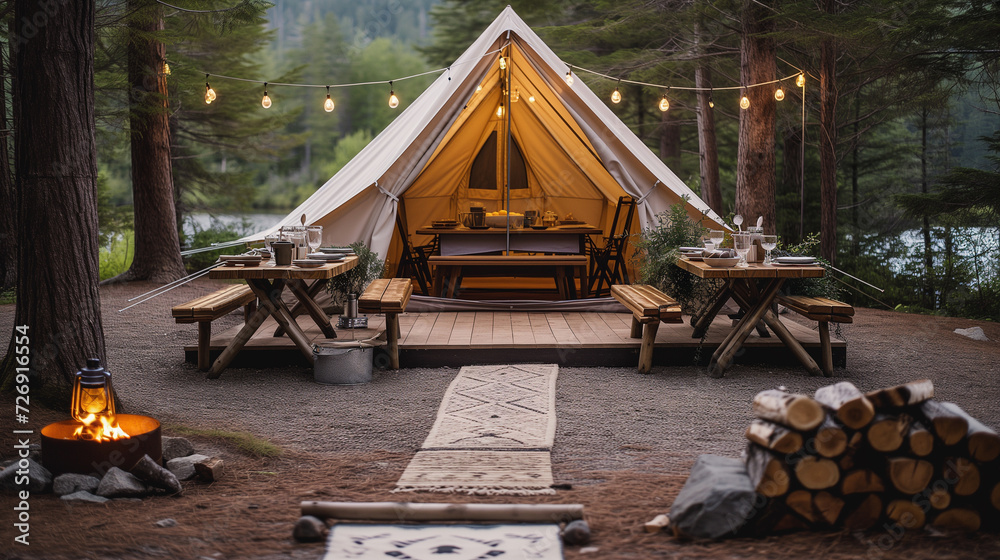 Fototapeta premium Beautiful camp site tent with dining tables and camp fire going. Ready to cook diner in the great outdoors.