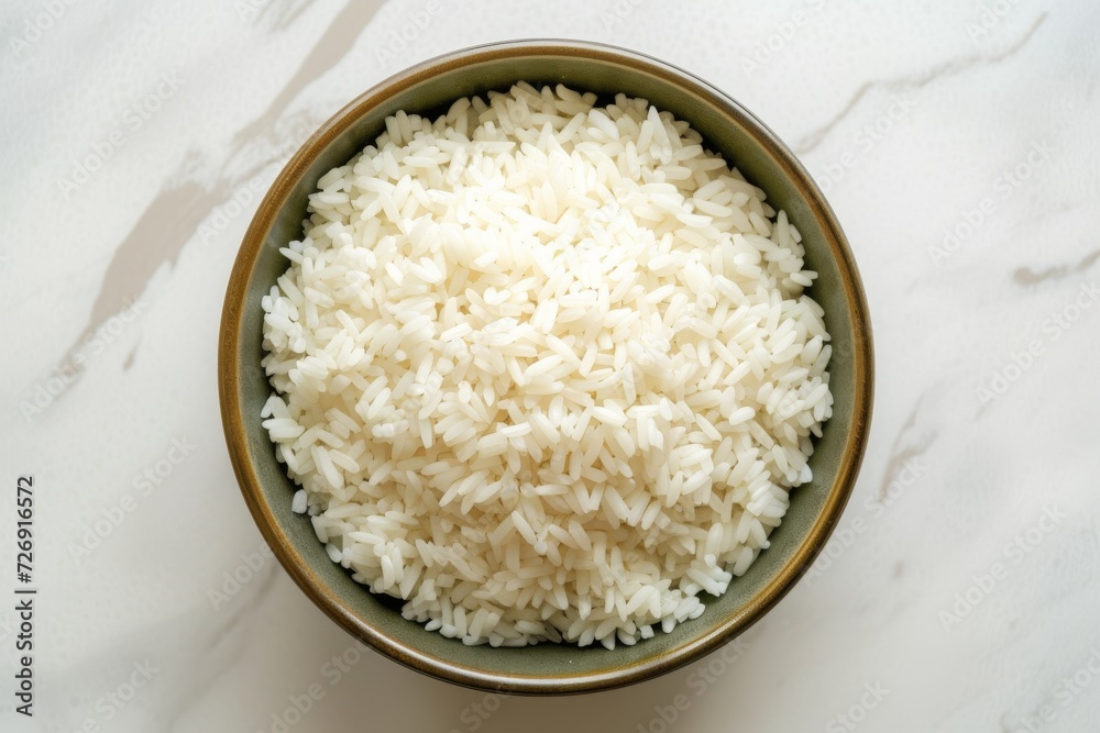 Top view of cooked white rice in a bowl Top view of cooked white rice in a bowl