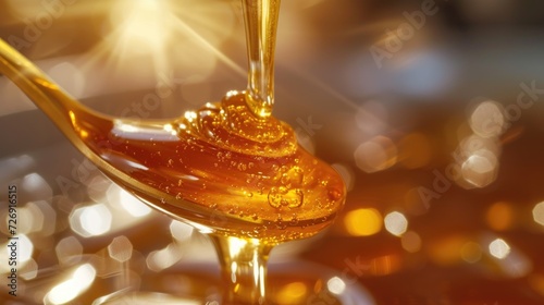 Thick honey dripping from a spoon, close-up, high detail. Hyper-realistic photo. photo