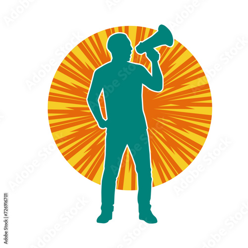 silhouette of a man shouting on megaphone. Silhouette of a male announcer