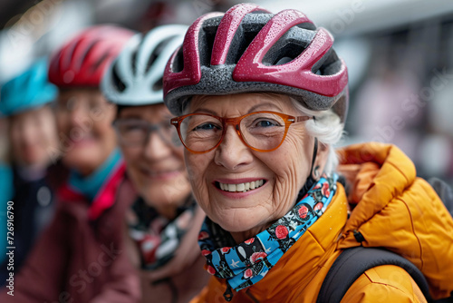 A smiling elderly woman in a cycling helmet, portraying active lifestyle and companionship among active seniors.