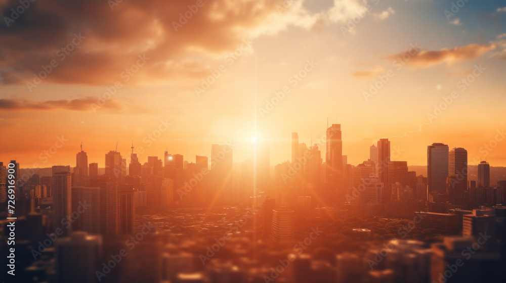 Fototapeta premium City bathed in the warm hues of a setting sun, under a vibrant sky with clouds painted in shades of orange and red. Sunset to Sunrise, Capturing Cityscape Beauty with Skyscrapers. Generative AI