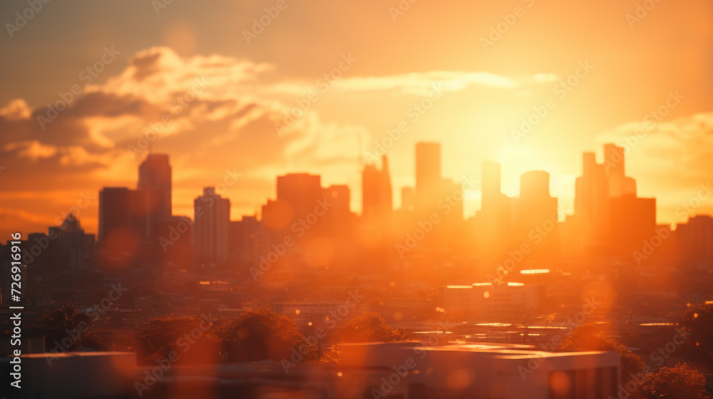 City bathed in the warm hues of a setting sun, under a vibrant sky with clouds painted in shades of orange and red. Sunset to Sunrise, Capturing Cityscape Beauty with Skyscrapers. Generative AI