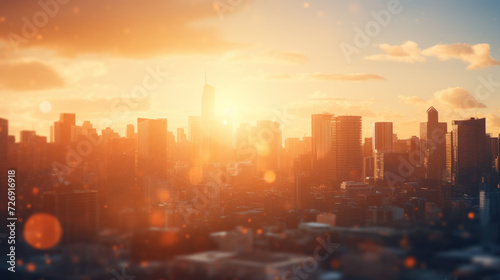 City bathed in the warm hues of a setting sun, under a vibrant sky with clouds painted in shades of orange and red. Sunset to Sunrise, Capturing Cityscape Beauty with Skyscrapers. Generative AI