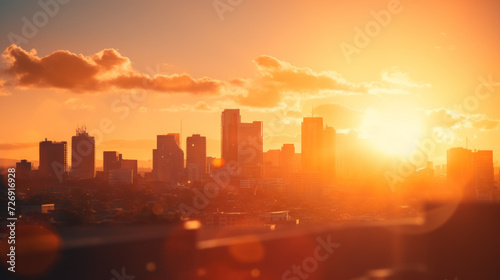 City bathed in the warm hues of a setting sun  under a vibrant sky with clouds painted in shades of orange and red. Sunset to Sunrise  Capturing Cityscape Beauty with Skyscrapers. Generative AI