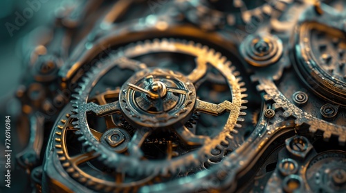 Golden clock mechanism, macro photography. Hyper-realistic style.