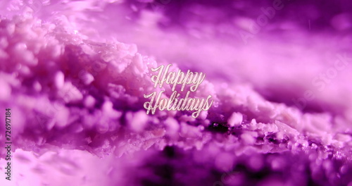 Image of happy holidays text over purple particles falling on black background