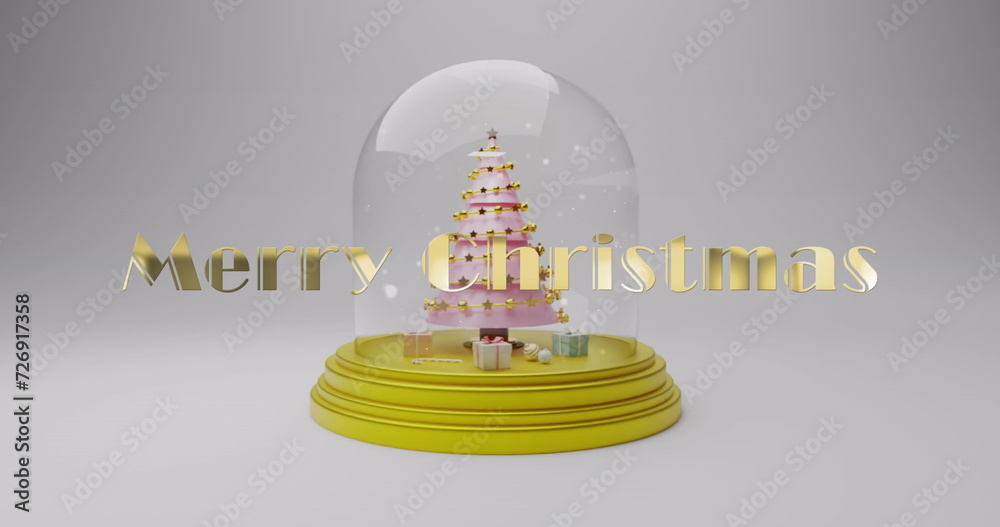 Image of merry christmas text over snow globe with christmas tree