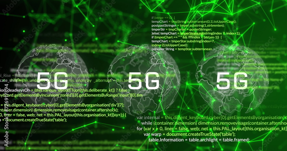 Image of 5g over globe, connections, data and digital screen