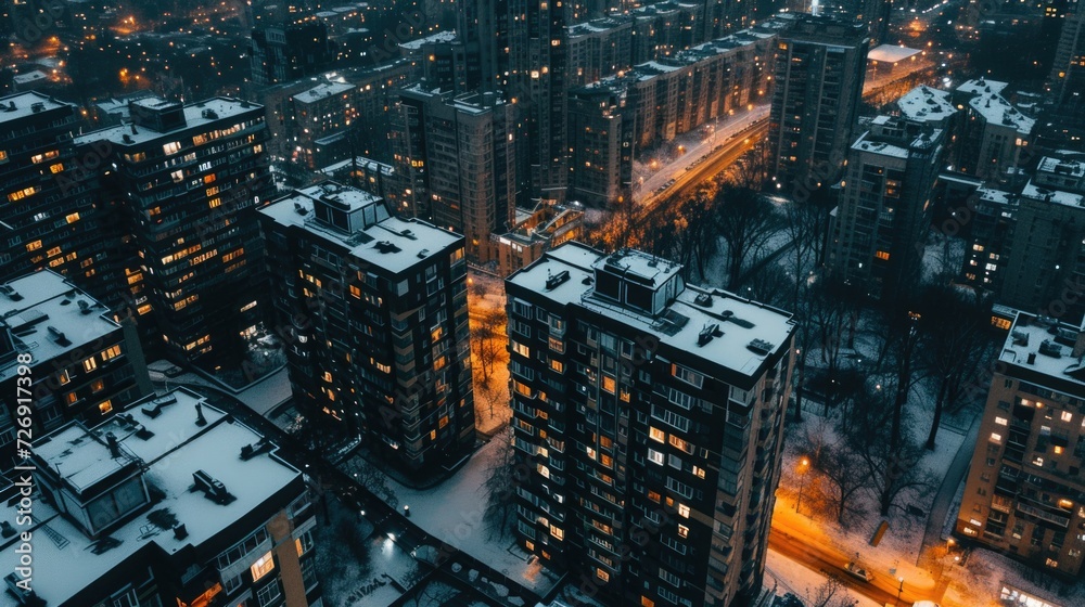 Obraz premium Residential buildings at dusk with multi-colored luminous windows. Hyperrealistic photo.