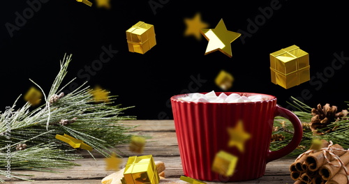 Image of stars and gifts christmas decorations over red mug with chocolate on black background