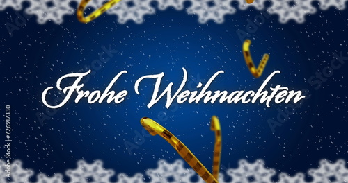 Image of frohe wihnachten text over candy canes on blue background