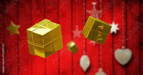 Image of gold christmas decoration on red background
