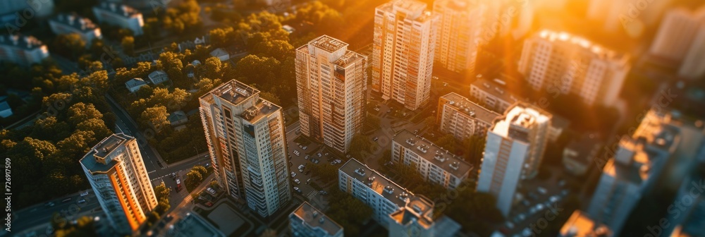 City residential high-rises on a sunny summer day. Hyperrealistic photo - obrazy, fototapety, plakaty 
