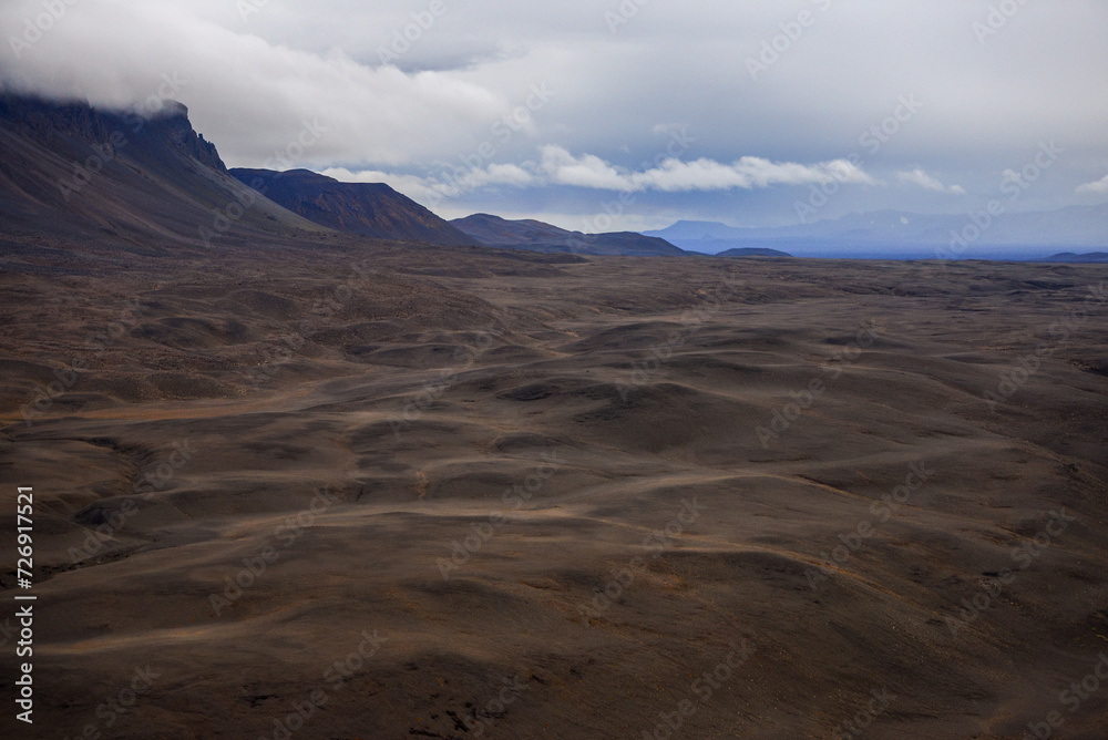 Aerial view of the desolate volcanic landscape of the Central Highlands on the way from Reykjahlid to the Bardarbunga eruption site at Holuhraun, Iceland.