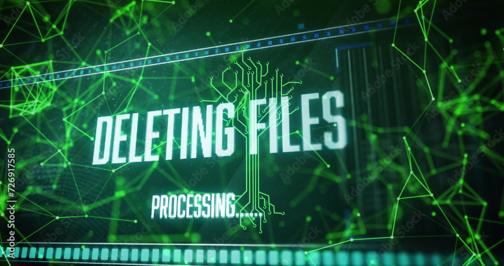 Fototapeta premium Image of integrated circuit over connections and deleting files on digital screen